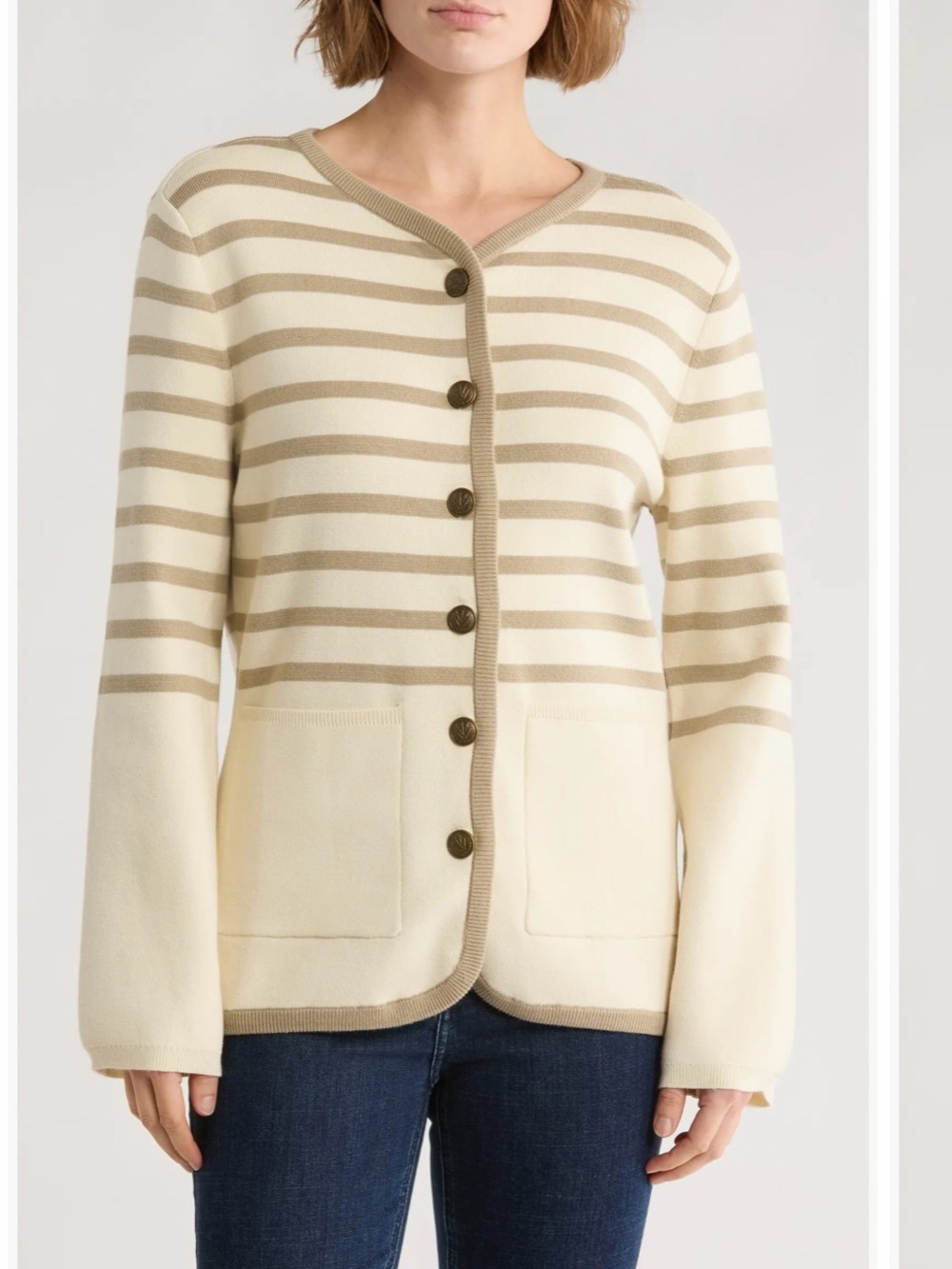 RAG & BONE Dee Stripe Long Cardigan Striped Cream and Tan Button-Front XS